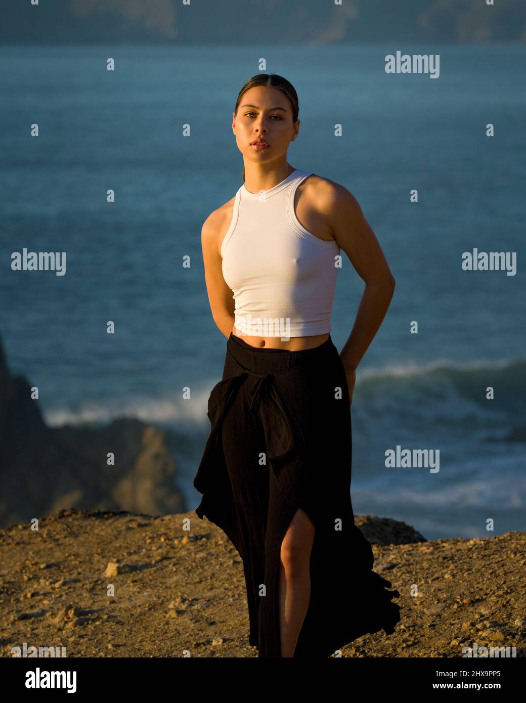 Authentic Multiracial Female Dancer on Cliff Overlooking San Francisco Bay Stock Photo