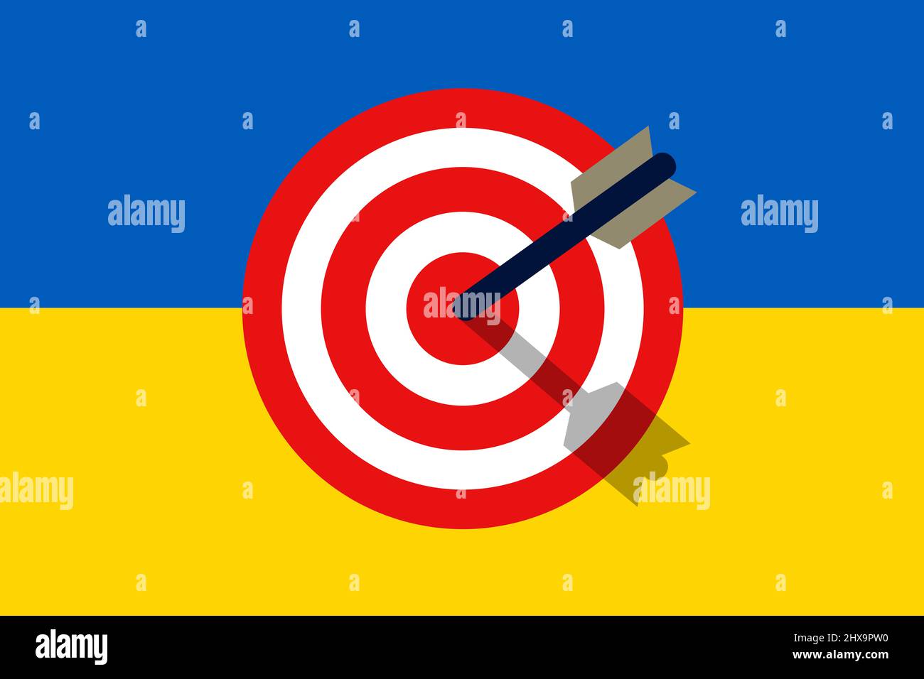National flag and target as metaphor - Ukraine and  being under attack, assault and aggressive aggression. Flag with target. Vector illustration. Stock Photo
