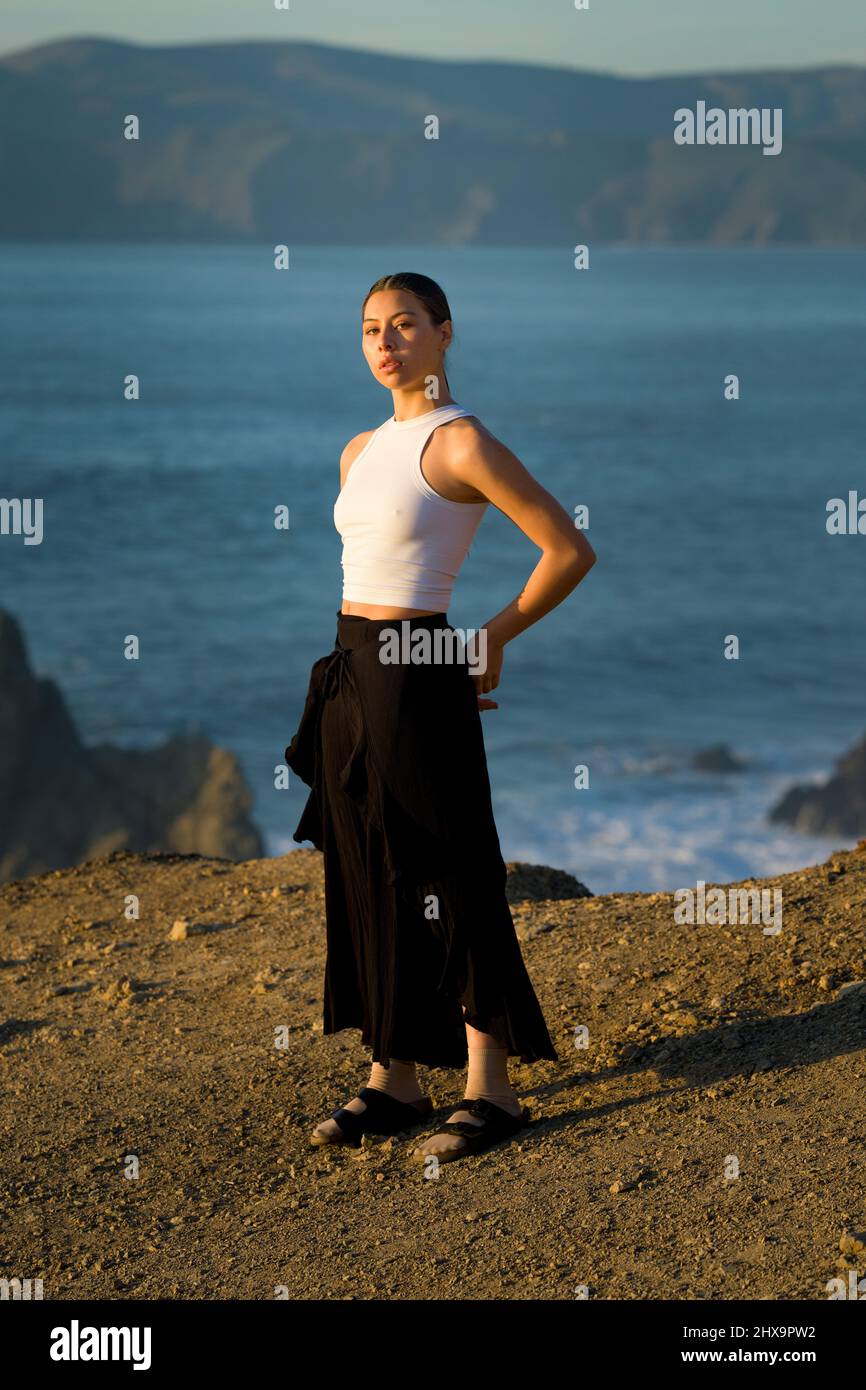 Authentic Multiracial Female Dancer on Cliff Overlooking San Francisco Bay Stock Photo