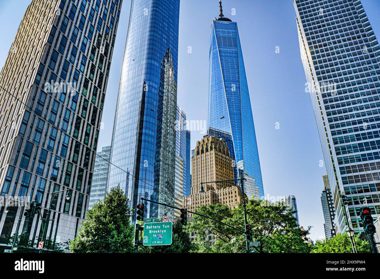 Downtown Skyline with One World Trade Center, Low Angle View, New York City, New York, USA Stock Photo