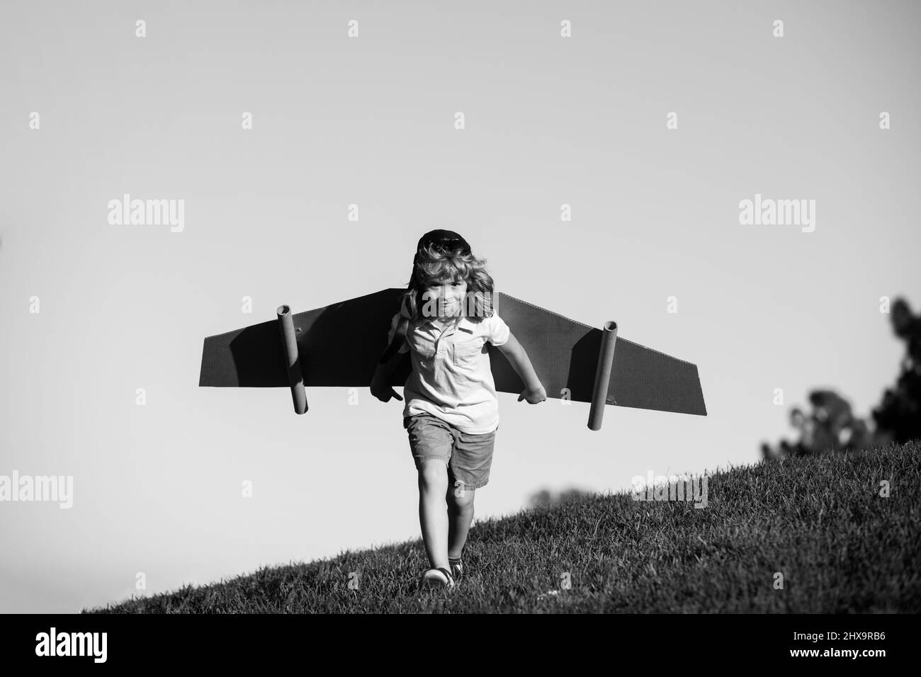 Child playing with cardboard toy wings in the park. Concept of children day. Kid boy in an pilot costume is playing and dreaming of becoming a aviator Stock Photo