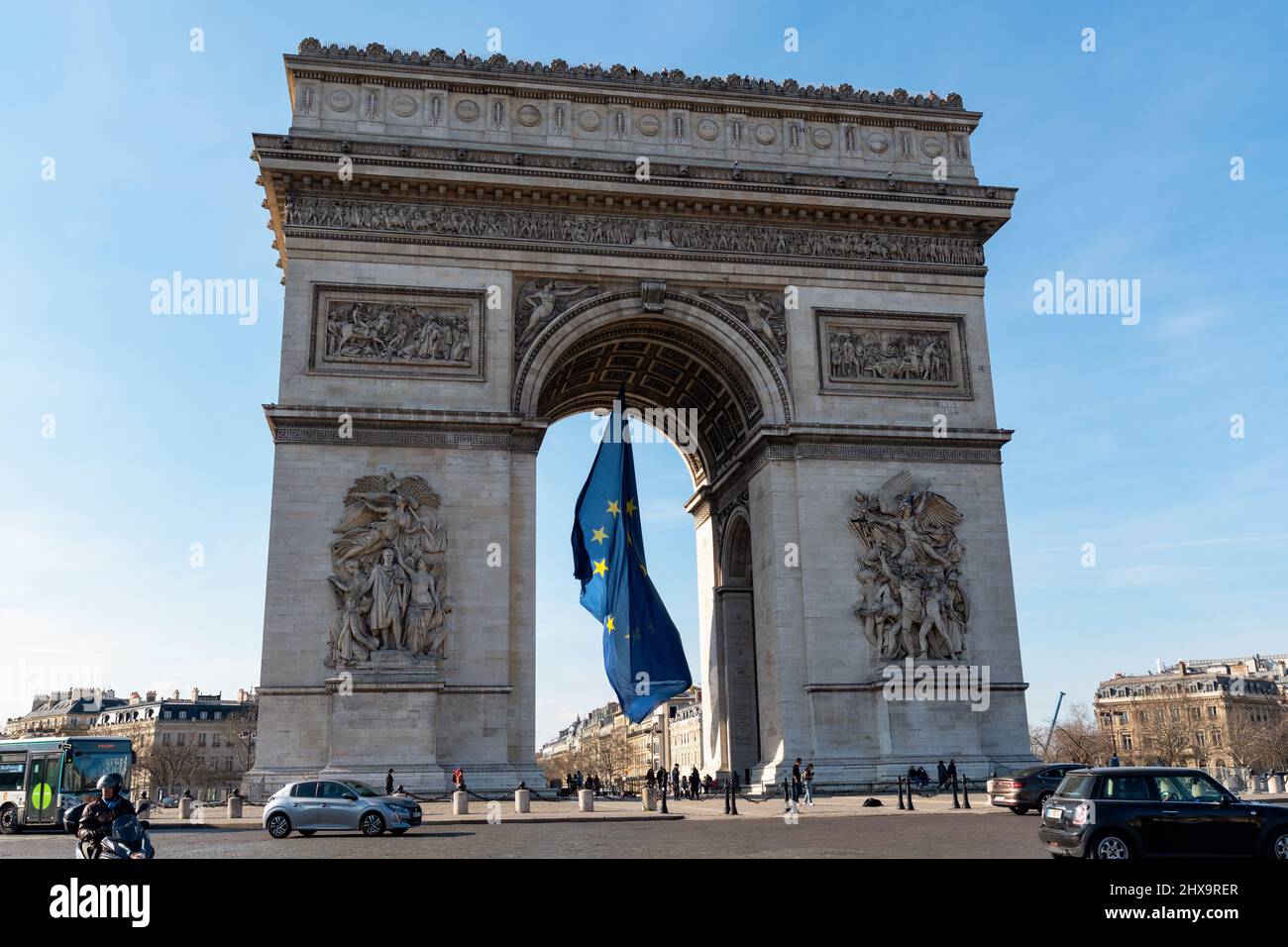 European Union flag flying in the wind under the Arc de Triomphe - Paris, France Stock Photo
