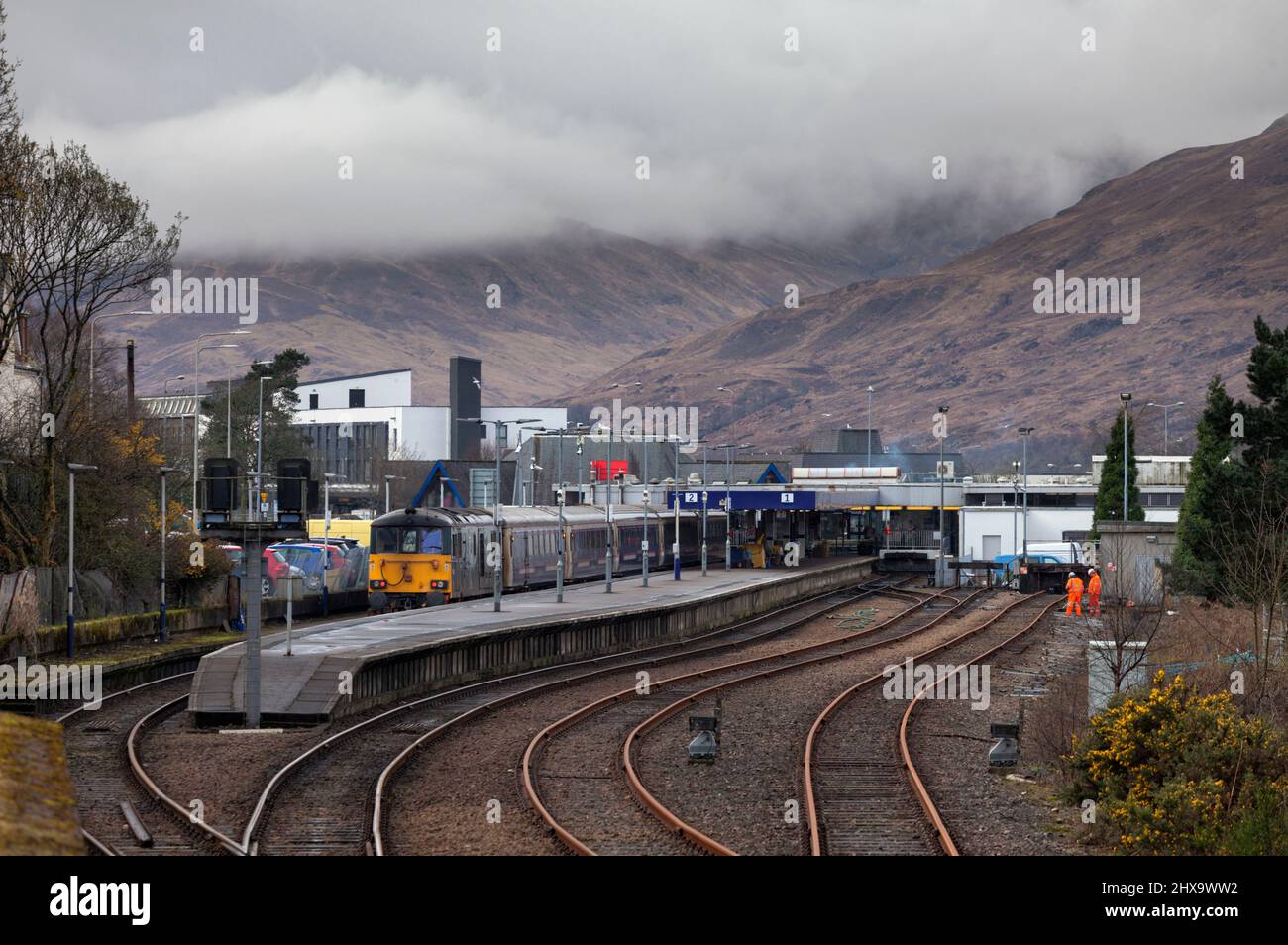 A Class 73 locomotive shunting the carriages from the Caledonian sleeper train after it had arrived at Fort William from London Euston Stock Photo