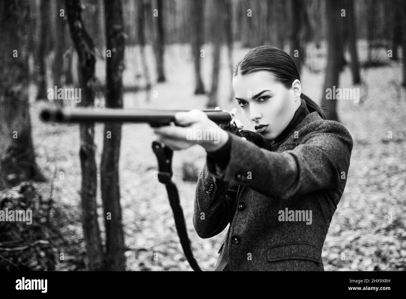 Hunting weapon gun or rifle. military fashion. achievements of goals. girl with rifle. chase hunting. Gun shop. woman with weapon. Target shot. female Stock Photo