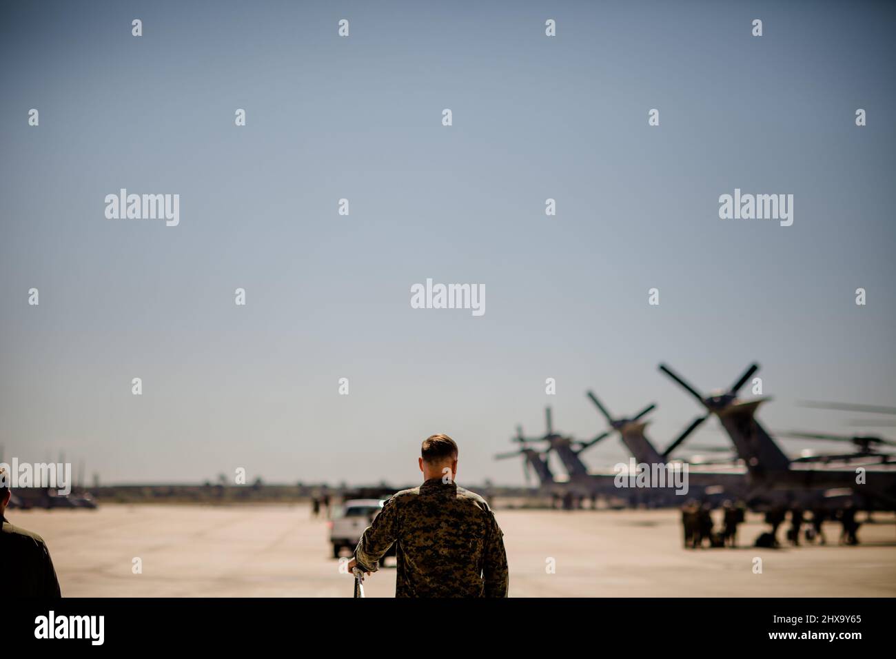 Soldier Standing on Tarmac at Miramar Military Base in San Diego Stock Photo