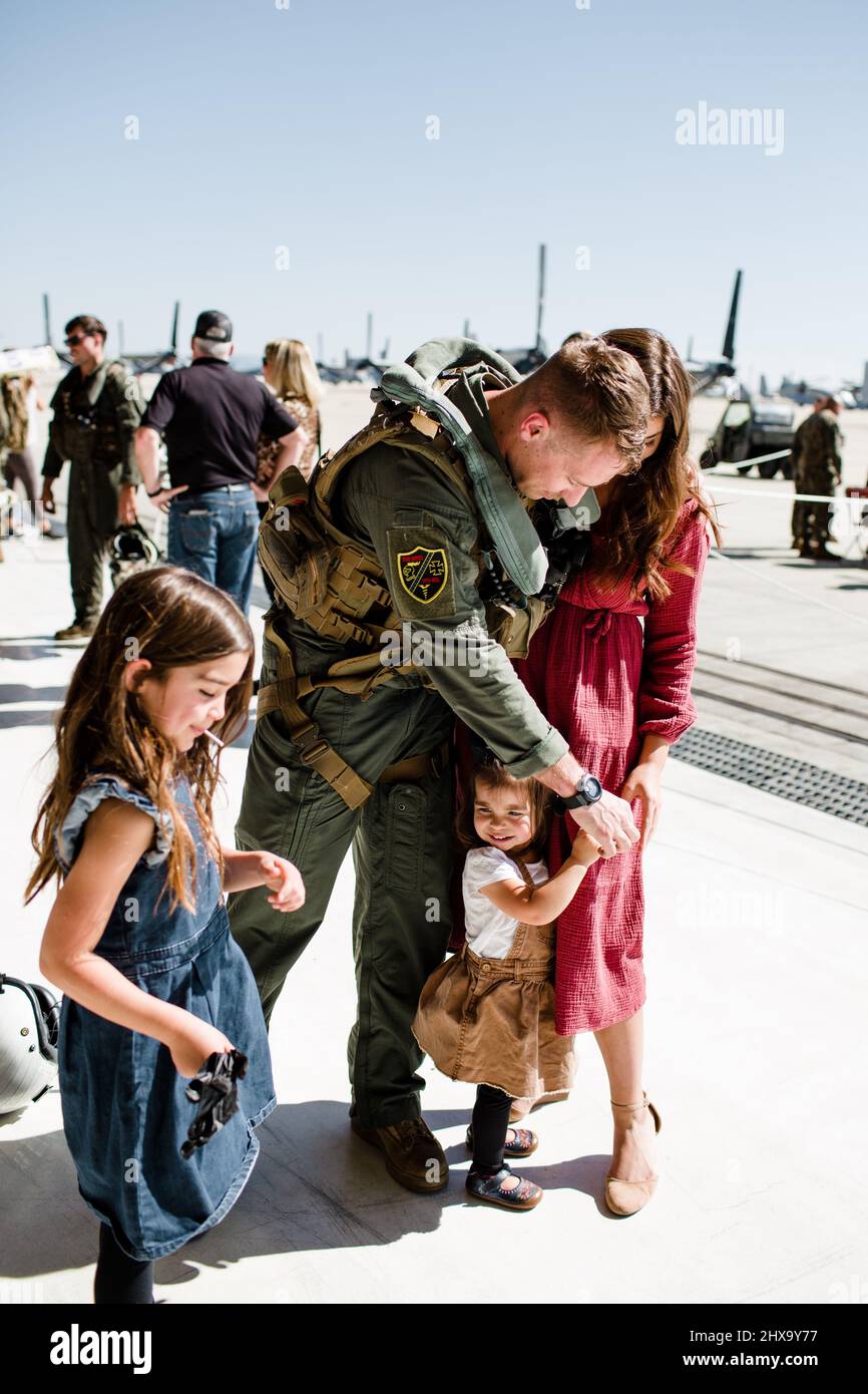 Marine Reuniting with Family at Miramar in San Diego Stock Photo