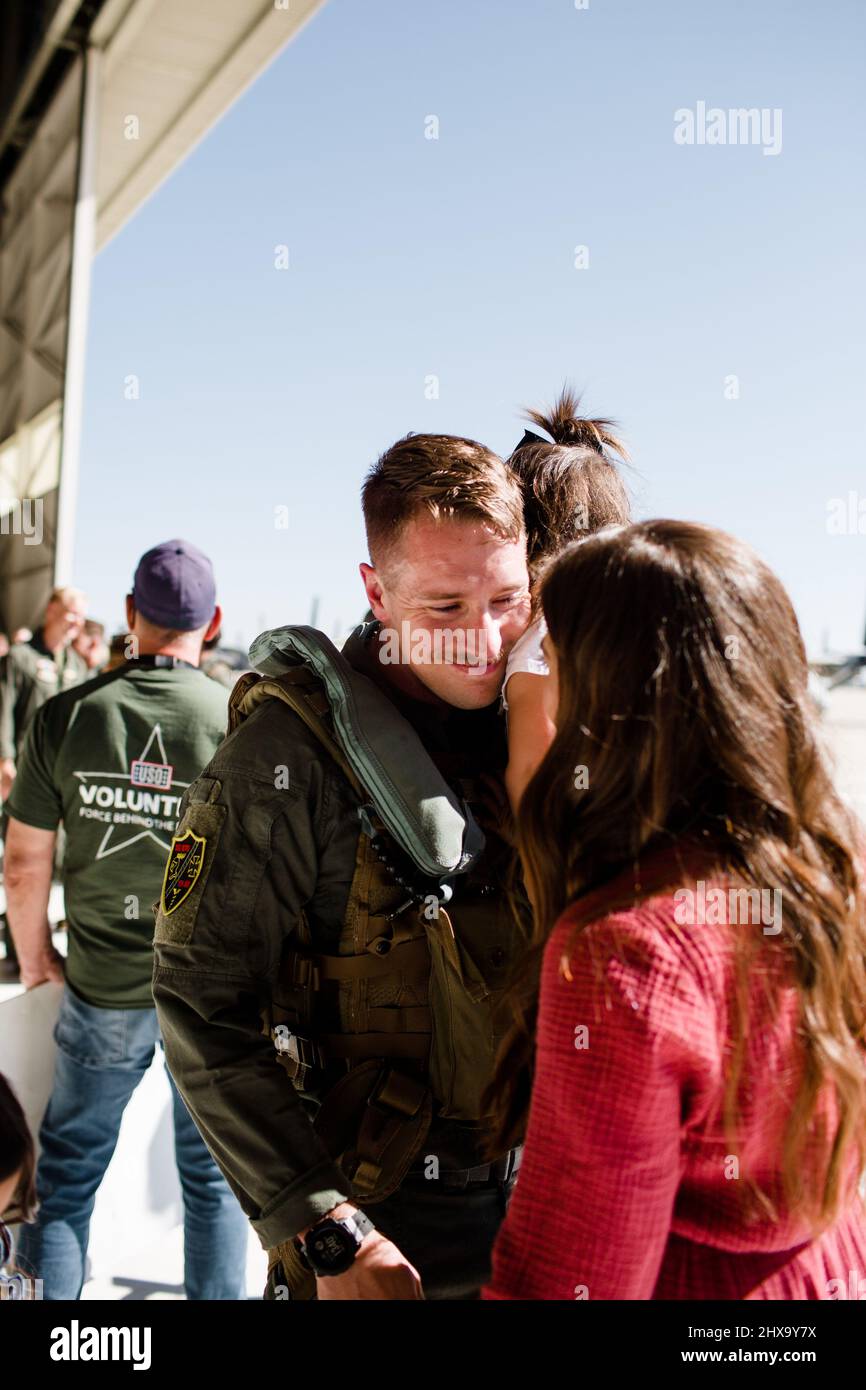 Marine Reuniting with Family at Miramar in San Diego Stock Photo