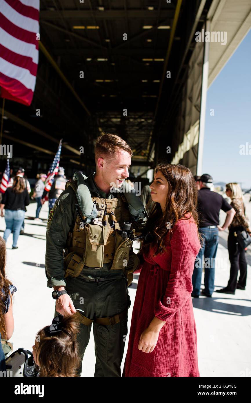 Marine Reuniting with Family at Miramar in San Diego Stock Photo