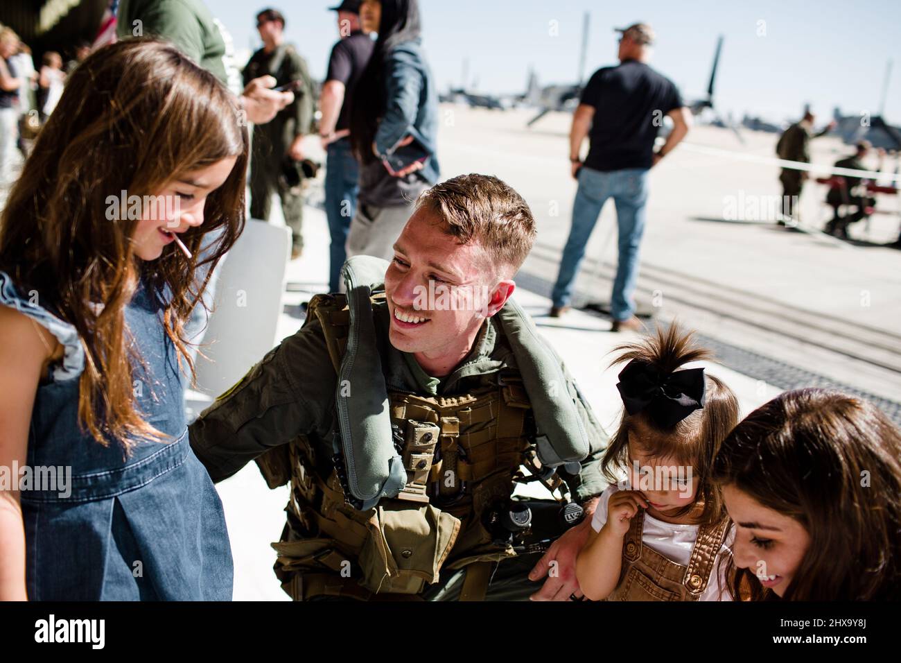 Marine Reuniting with Family at Miramar in San Diego Stock Photo