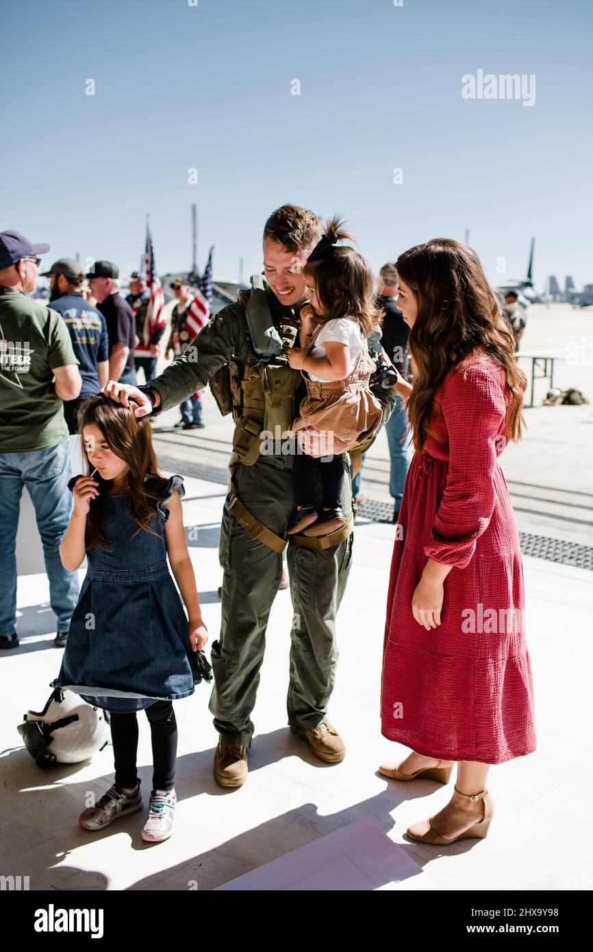 Marine Reuniting with Family at Miramar in San Diego Stock Photo