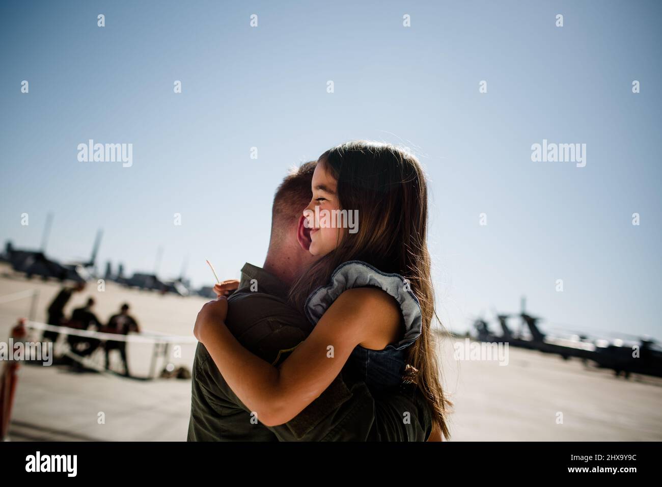 Daughter Greeting Marine Father at Miramar in San Diego Stock Photo