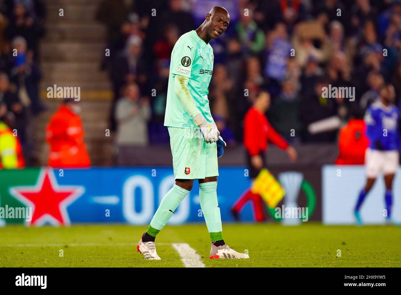 Leicester, UK. 10th Mar, 2022. 10th March 2022; The King Power Stadium, Leicester, Leicestershire, England; Europa Conference League Football, Leicester City versus Rennes; Alfred Gomis of Rennes is dejected after Kelechi Iheanacho of Leicester City scores a goal after 90 3 minutes (2-0) Credit: Action Plus Sports Images/Alamy Live News Stock Photo