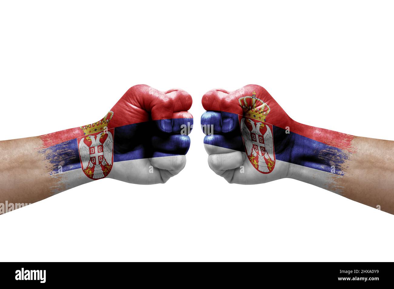 Two hands punch to each others on white background. Country flags