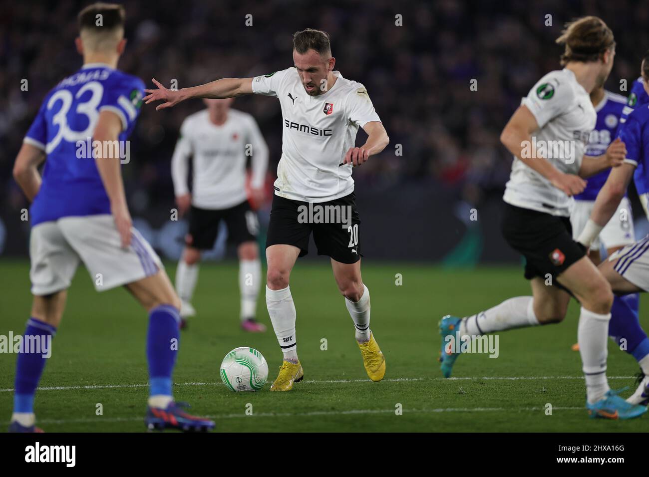 LEICESTER, UK. MARCH 10TH: Flavien Tait of Rennes runs with the ball during the UEFA Europa Conference League Round of 16 first leg match between Leicester City and Rennes at the King Power Stadium, Leicester on Thursday 10th March 2022. (Credit: James Holyoak | MB Media) Stock Photo