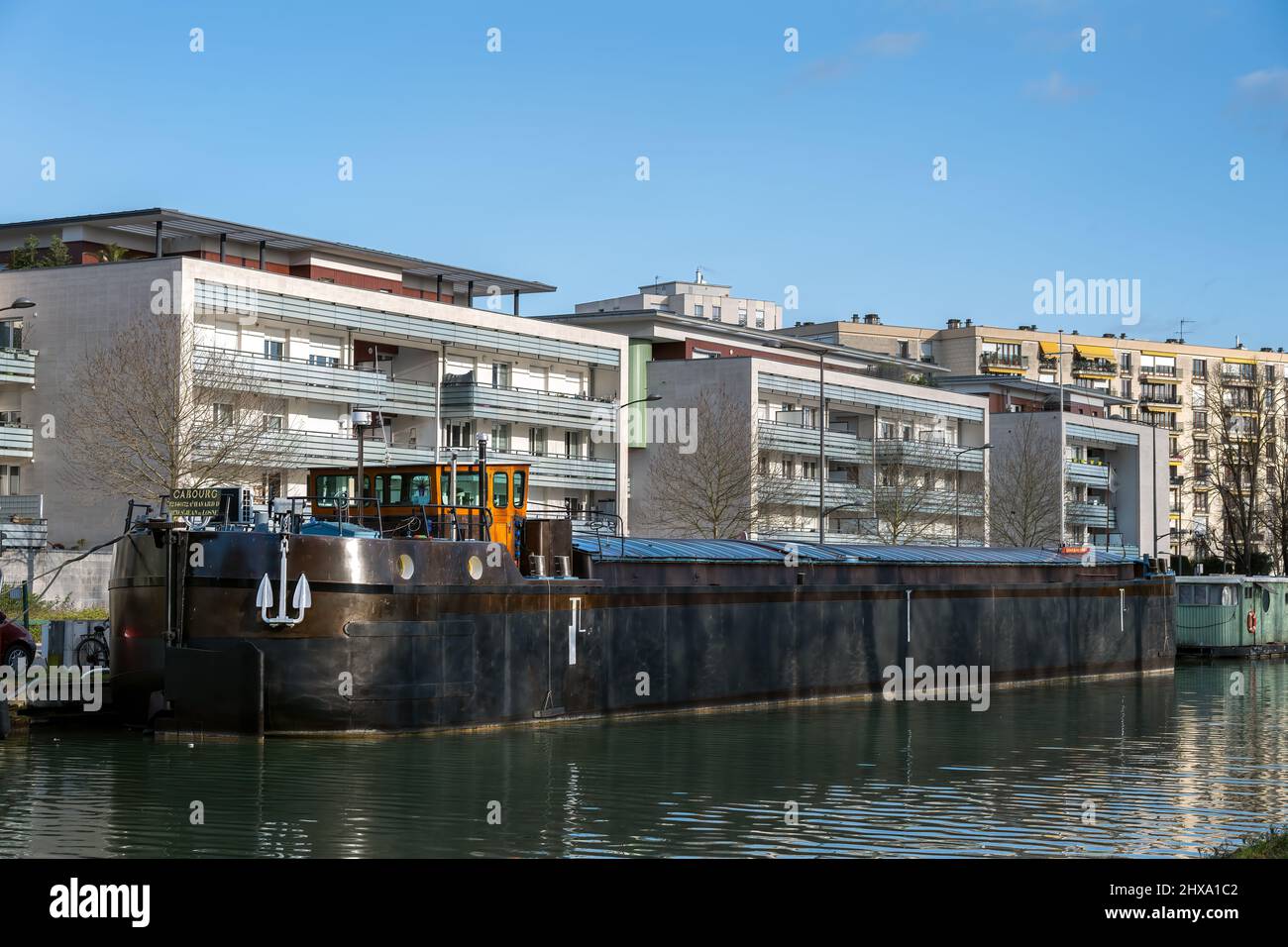 REIMS, FRANCE - FEBRUARY 11th, 2022: Narrowboats on the Aisne to Marne canal Stock Photo