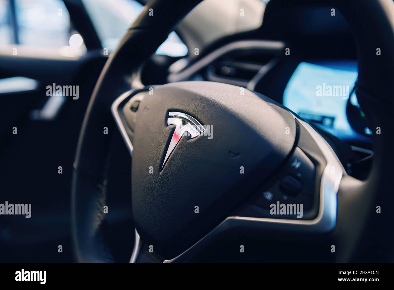Paris, France Nov 29, 2014 Steering wheel of a new Tesla Motors