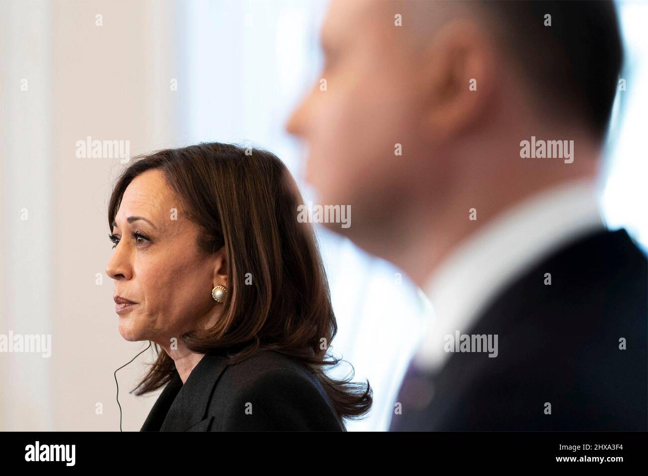 Warsaw, Poland. 10th Mar, 2022. U.S Vice President Kamala Harris, during a joint press conference with Polish President Andrzej Duda, right, at Belwelder Palace, March 10, 2022 in Warsaw, Poland. Harris is in Poland to discuss the Ukraine crisis with NATO allies. Credit: Lawrence Jackson/White House Photo/Alamy Live News Stock Photo