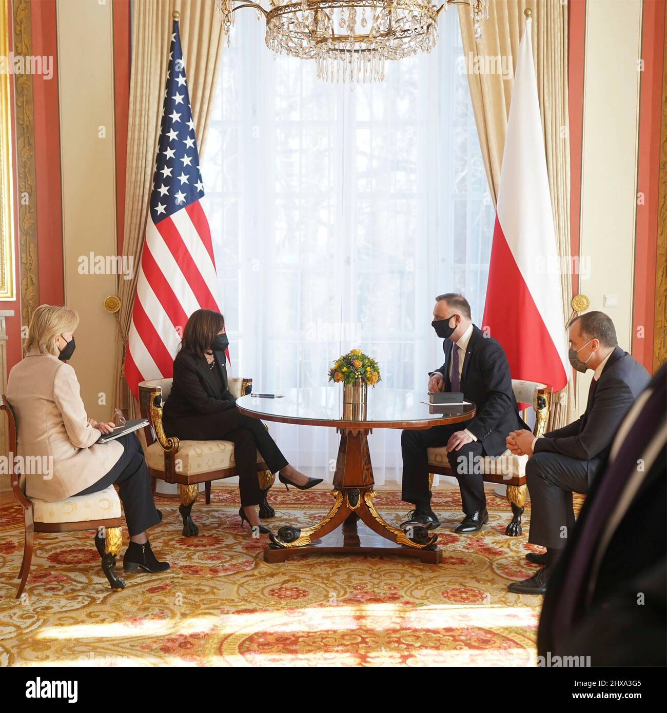 Warsaw, Poland. 10th Mar, 2022. U.S Vice President Kamala Harris, left, sits across from Polish President Andrzej Duda, during bilateral discussions at Belwelder Palace, March 10, 2022 in Warsaw, Poland. Harris is in Poland to discuss the Ukraine crisis with NATO allies. Credit: Lawrence Jackson/White House Photo/Alamy Live News Stock Photo