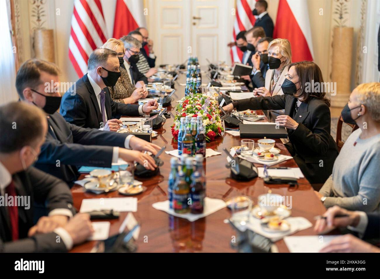 Warsaw, Poland. 10th Mar, 2022. U.S Vice President Kamala Harris, right, sits across from Polish President Andrzej Duda, during extended bilateral discussions at Belwelder Palace, March 10, 2022 in Warsaw, Poland. Harris is in Poland to discuss the Ukraine crisis with NATO allies. Credit: Lawrence Jackson/White House Photo/Alamy Live News Stock Photo