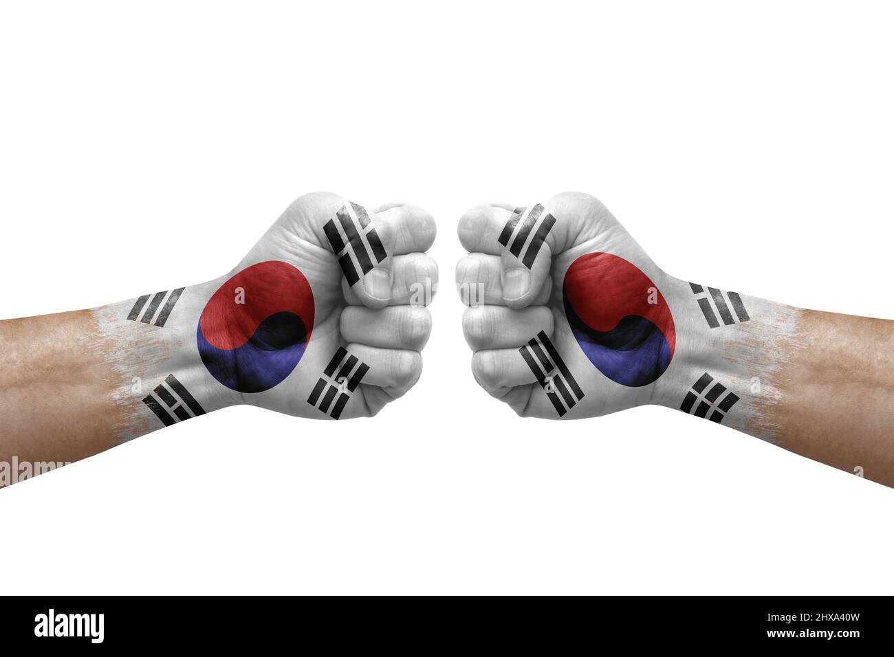 Two hands punch to each others on white background. Country flags