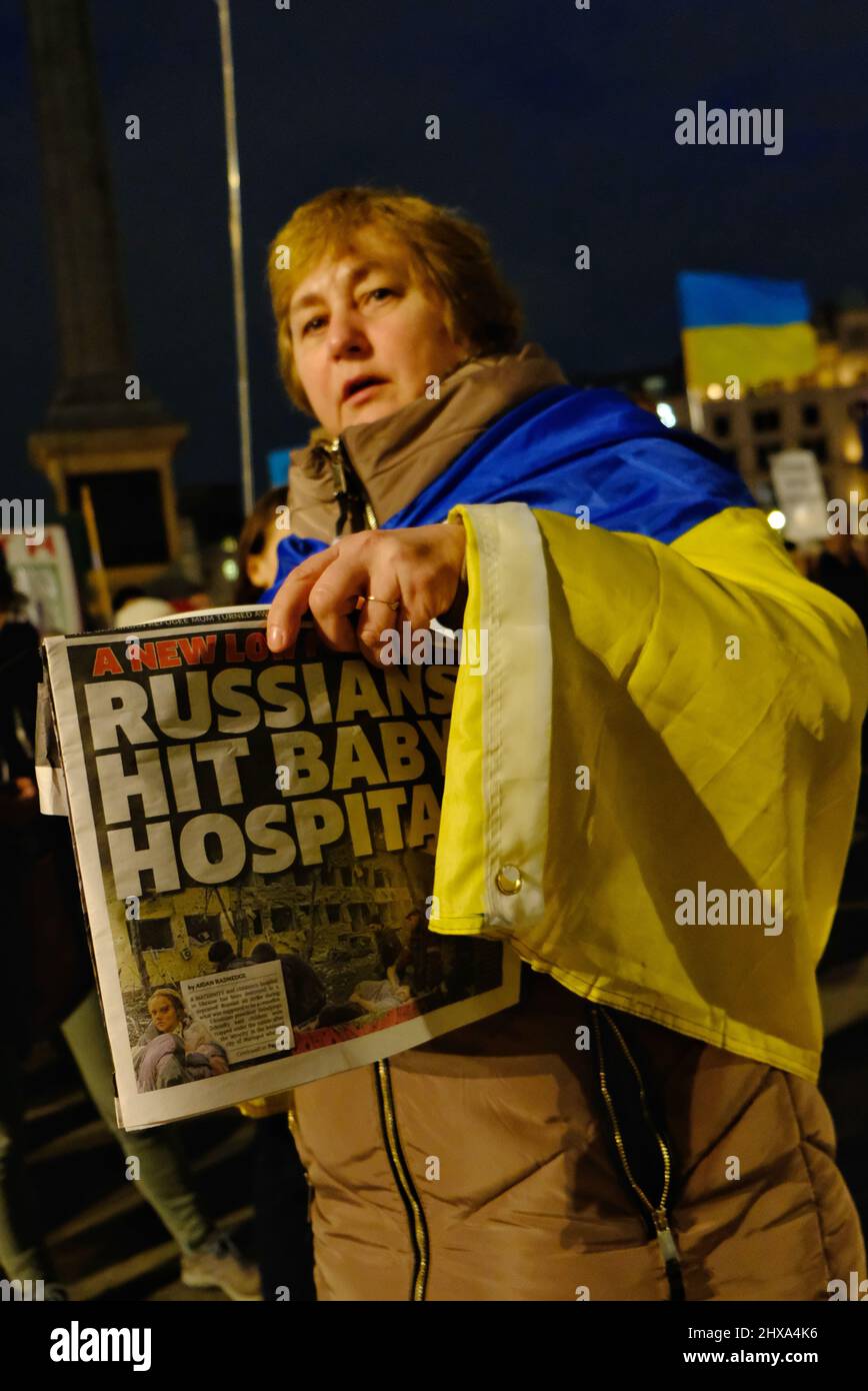 London, UK, 10th Mar, 2022. Ukrainians and supporters continue daily protests in Trafalgar Square.  During the rally, speakers called attack on a maternity hospital barbaric and repeated pleas for NATO to create a no-fly zone. Credit: Eleventh Hour Photography/Alamy Live News Stock Photo