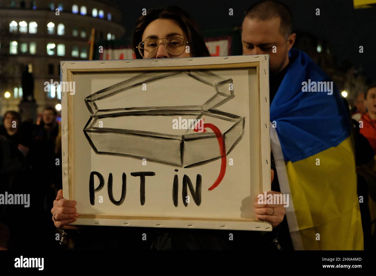 London, UK, 10th Mar, 2022. Ukrainians and supporters continue daily protests in Trafalgar Square.  During the rally, speakers called attack on a maternity hospital barbaric and repeated pleas for NATO to create a no-fly zone. Credit: Eleventh Hour Photography/Alamy Live News Stock Photo