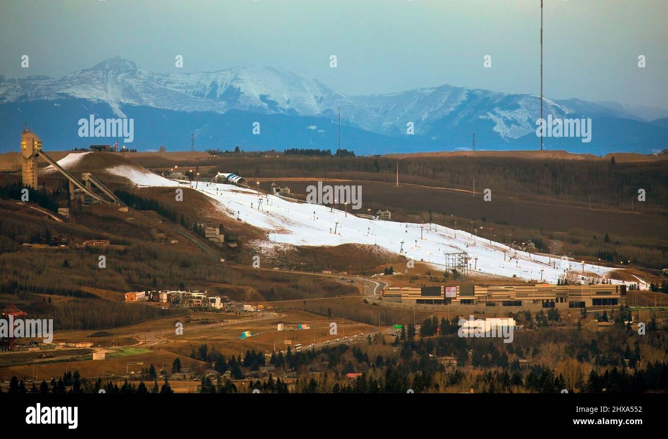 WinSport Canada Olympic Park with artificial snow in fall. A venue for 1988 Olympics now a legacy facility for athletic training and public recreation Stock Photo
