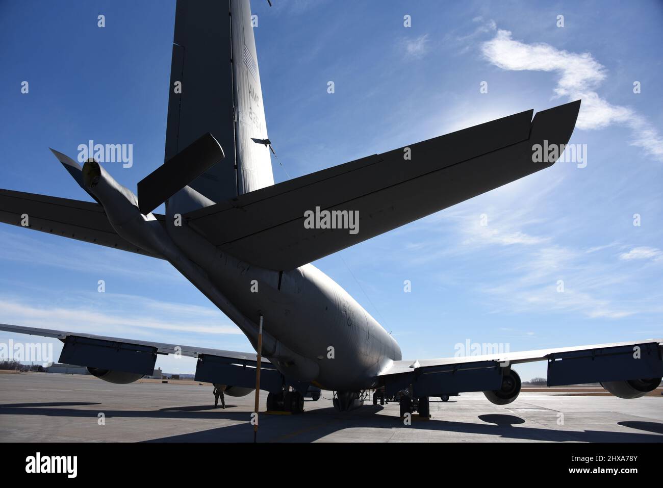 The boom assembly on the tail end of a U.S. Air Force KC-135 on the ramp at the Iowa Air National Guard in Sioux City, Iowa on March 1, 2022. U.S. Air National Guard photo Senior Master Sgt. Vincent De Groot 185th ARW Wing PA Stock Photo