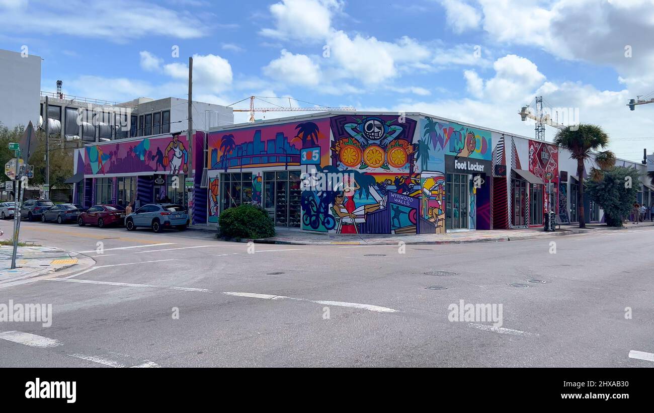 Amazing District of Wynwood with famous Wynwood Walls in Miami - MIAMI, UNITED STATES - FEBRUARY 20, 2022 Stock Photo