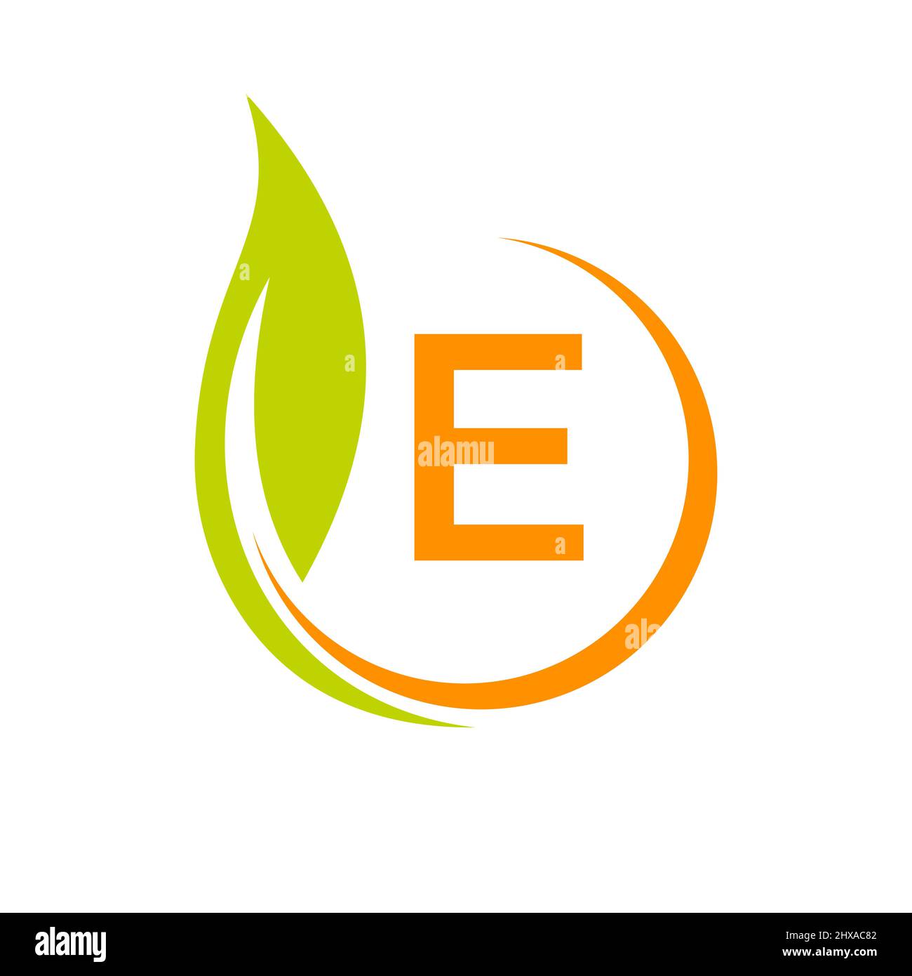 Healthy Natural Product Label Logo On Letter E Template. Letter E Eco Friendly, Green Tree Leaf Ecology Vector Concept Stock Vector