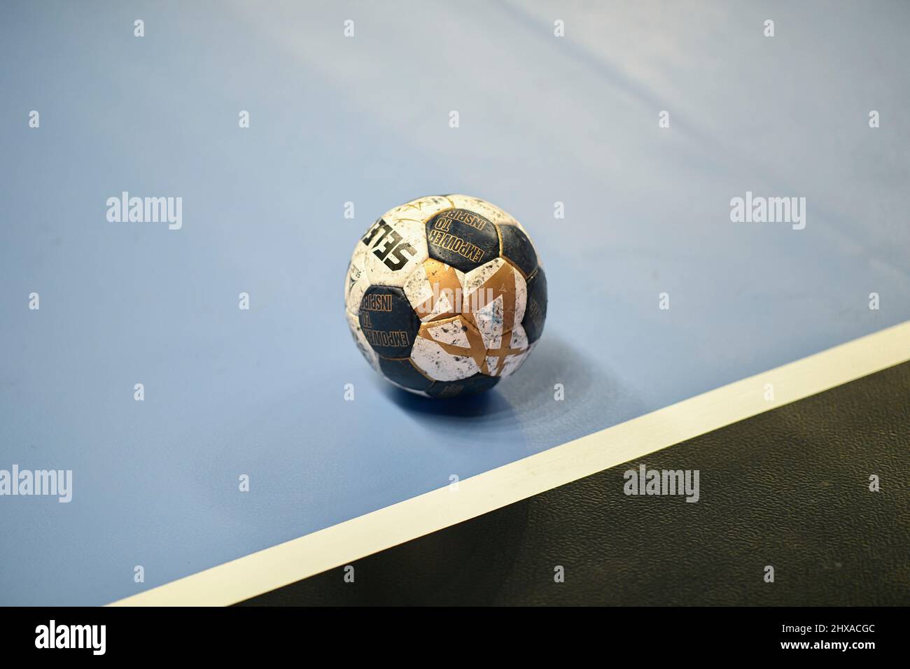 Illustration picture shows a ball on the ground during the EHF Champions  League, Group Phase handball match between Paris Saint-Germain (PSG)  Handball and Telekom Veszprem (KSE) on March 10, 2022 at Pierre