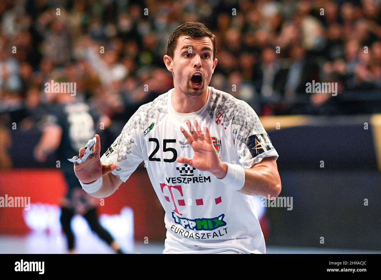 Rasmus Lauge Schmidt of Telekom Veszprem reacts during the EHF Champions  League, Group Phase handball match between Paris Saint-Germain (PSG)  Handball and Telekom Veszprem (KSE) on March 10, 2022 at Pierre de
