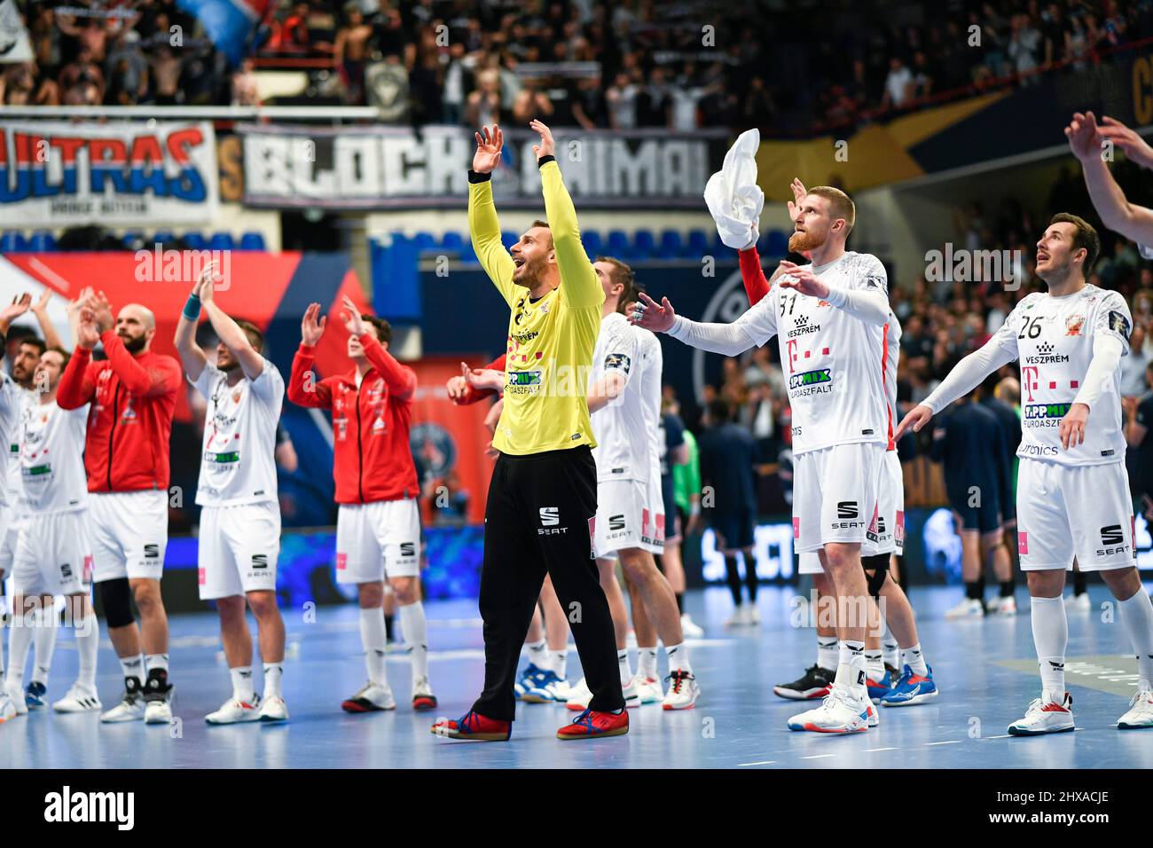 Vladimir Cupara and the team of Telekom Veszprem celebrate the victory during a timeout during the EHF Champions League, Group Phase handball match between Paris Saint-Germain (PSG) Handball and Telekom Veszprem (KSE)