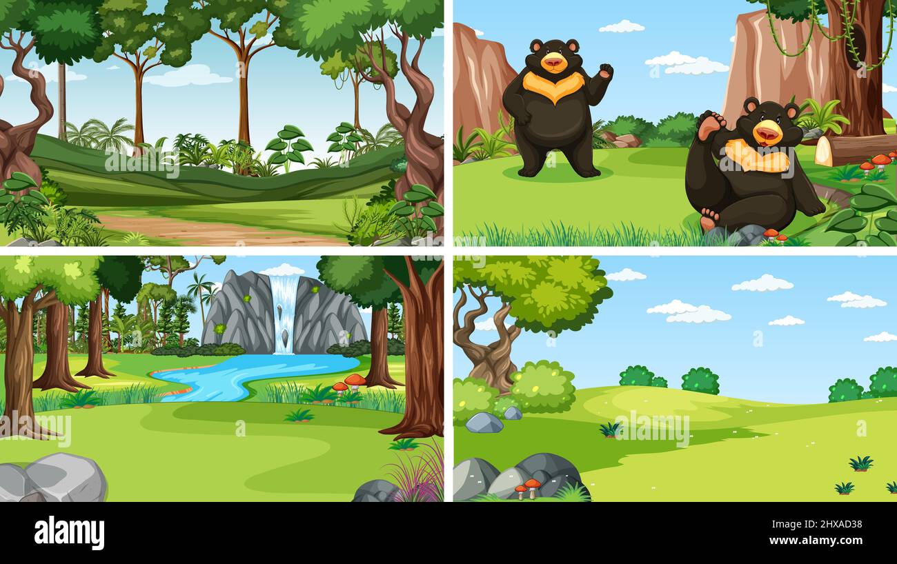 Four scenes with animals in forest illustration Stock Vector Image ...