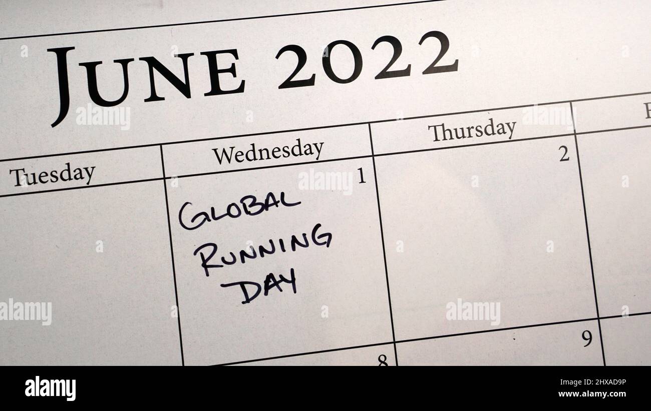 Global Running Day marked on a calendar on June 1st. Stock Photo