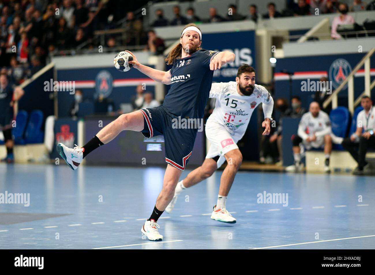 Paris, France. 10th Mar, 2022. Mikkel Hansen of PSG shoots during the EHF  Champions League, Group Phase handball match between Paris Saint-Germain ( PSG) Handball and Telekom Veszprem (KSE) on March 10, 2022