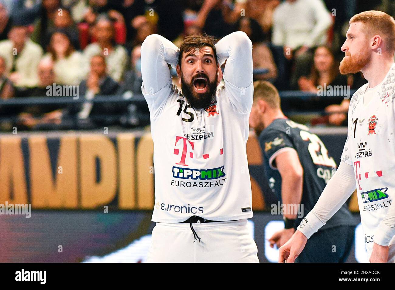 Paris, France. 10th Mar, 2022. Jorge Maqueda Peno of Telekom Veszprem reacts during the EHF Champions League, Group Phase handball match between Paris Saint-Germain (PSG) Handball and Telekom Veszprem (KSE) on March 10, 2022 at Pierre de Coubertin stadium in Paris, France. Photo by Victor Joly/ABACAPRESS.COM Credit: Victor Joly/Alamy Live News Stock Photo