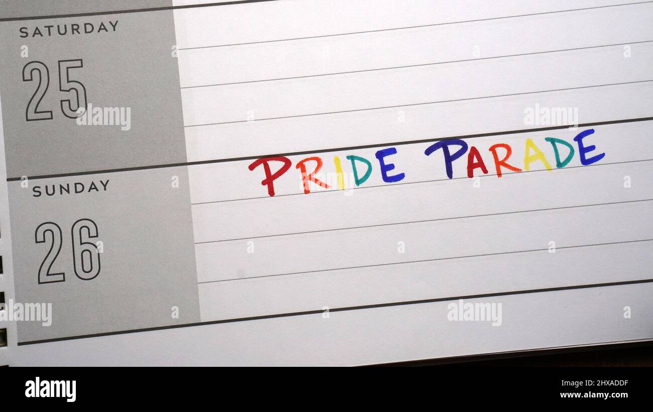 Calendar reminder about LGBTQ Pride Parade in June Stock Photo