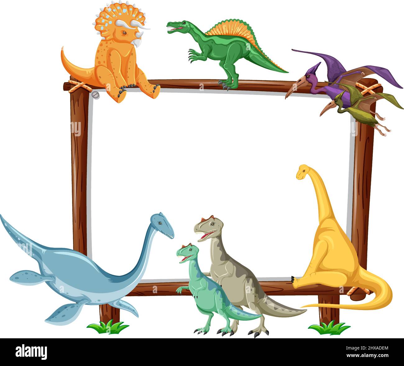 Group of dinosaurs around board on white background illustration Stock Vector