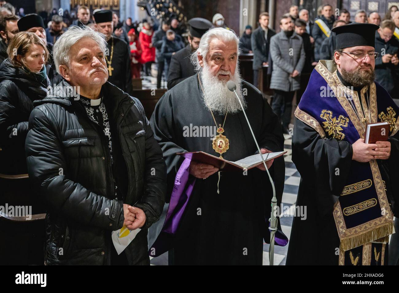 Lviv, Ukraine. 10th Mar, 2022. Religious representatives seen during the interfaith service. The Polish Cardinal Konrad Krajewski, the Papal Almoner in Ukraine, attended the interfaith prayer service at the Cathedral of the Assumption of the Blessed Virgin Mary (Lviv Metropolitan Basilica) in Lviv at the presence of representatives of the Pan-Ukrainian Council of Churches and different religious communities. Credit: SOPA Images Limited/Alamy Live News Stock Photo