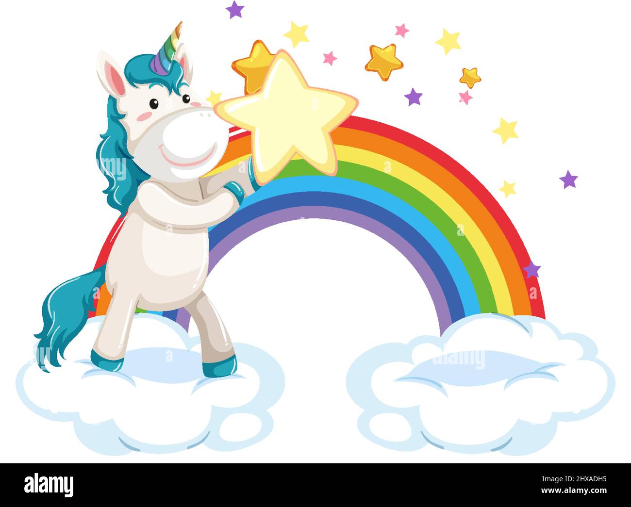 Unicorn standing on a cloud with rainbow in cartoon style illustration ...