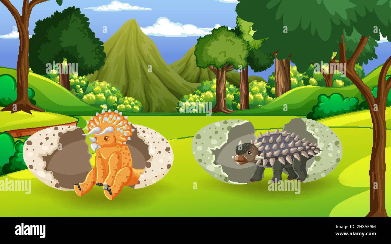 Scene with dinosaurs in the forest illustration Stock Vector Image ...