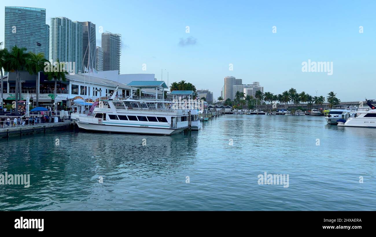 Popular Bayside Marketplace in Downtown Miami - MIAMI, UNITED STATES - FEBRUARY 20, 2022 Stock Photo