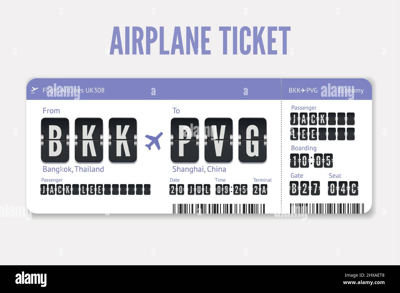 Airplane flight Ticket template with shadows. Airline coupon concept airport terminal style isolated on white Stock Vector