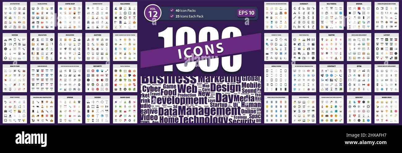1000 Flat Icon Pack project planning, security, devices, space exploration and next big things, health care Stock Vector