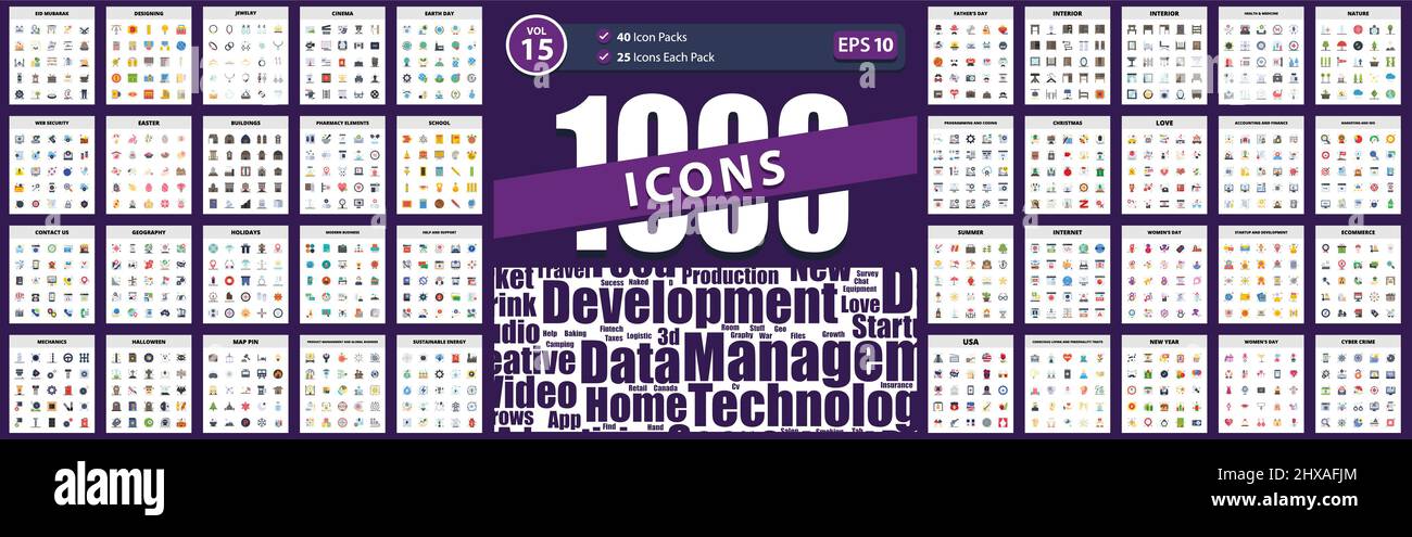 1000 Big Icon Pack women's day, conscious living and personality traits, marketing and seo, usa, startup and development Stock Vector