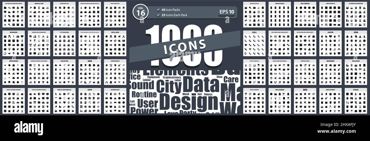 1000 Icon Pack seo & web, city building, seo web and advertising media, science and technology, media technology Stock Vector