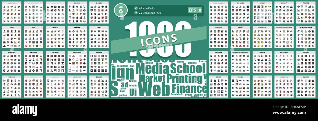 1000 Icon Pack rainy, finance, food, symbols & arrows, basketball Vector Business Icon Illustration Illustration Stock Vector