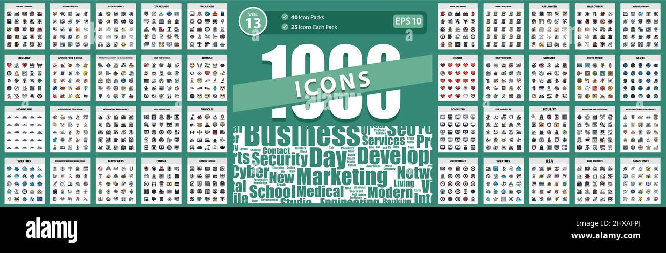1000 Icon Pack cv resume, marketing seo, globe, online learning, marketing and advertising Vector Business Icon Illustration Illustration Stock Vector