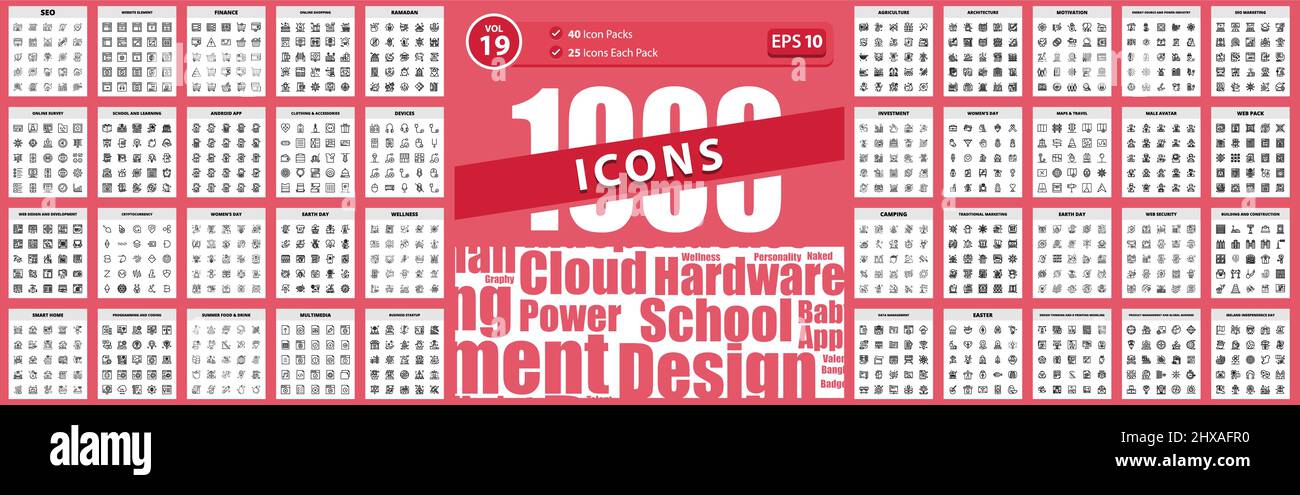 1000 Big Icon Pack cryptocurrency, devices, finance, clothing & accessories, school and learning Vector Business Icon Illustration Illustration Stock Vector
